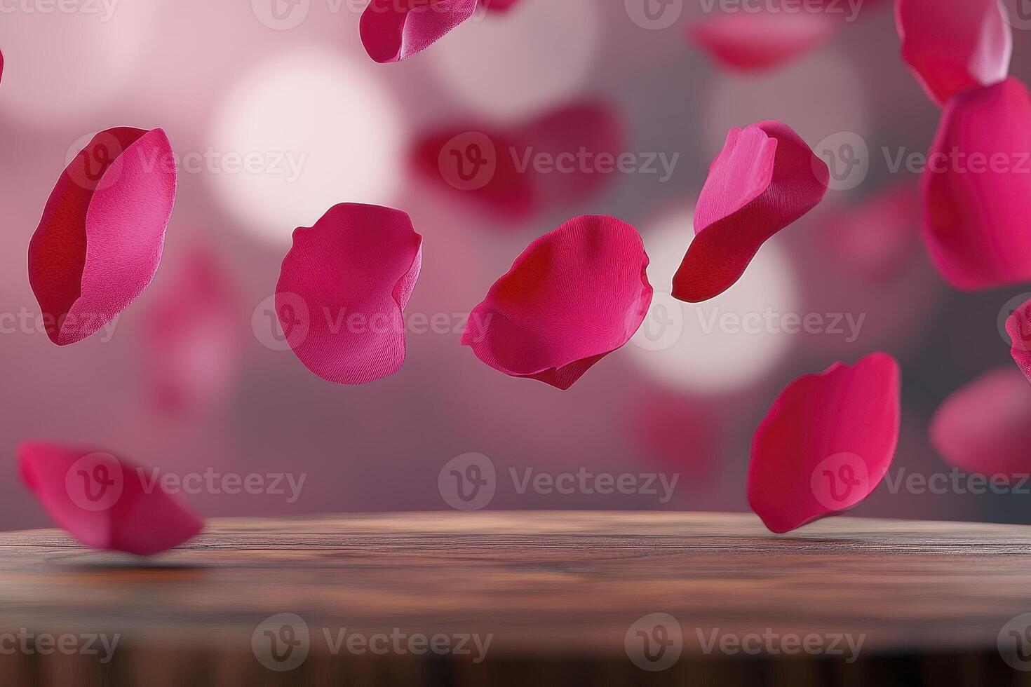 Experience the captivating beauty of falling rose petals in this stunning photograph, evoking feelings of romance, love, and delicate elegance The soft bokeh background and wooden surface create a photo