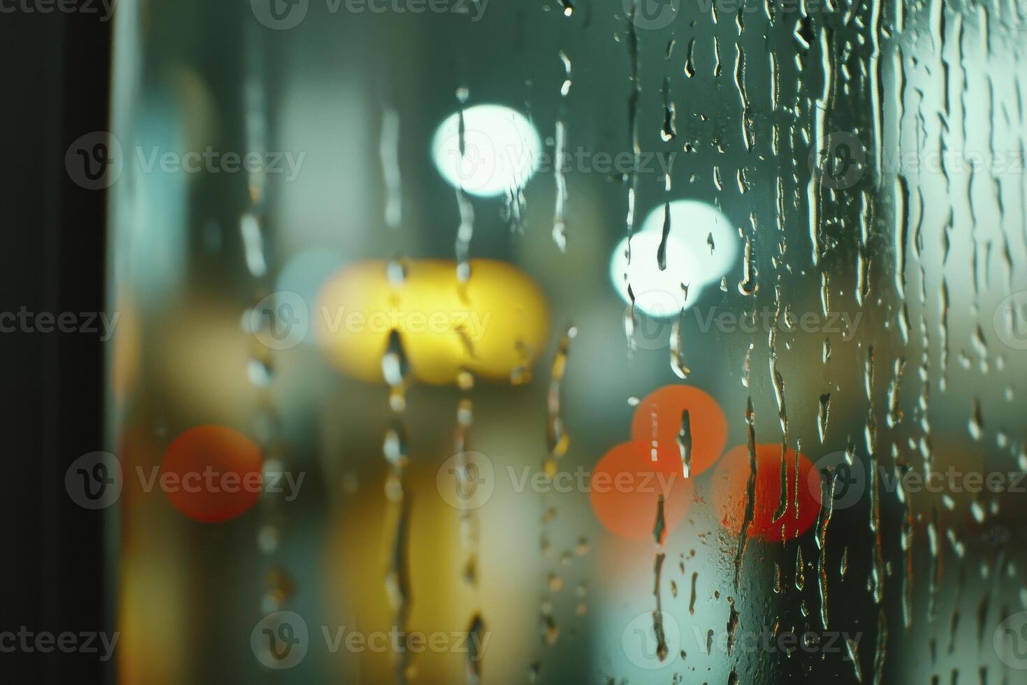 Experience the melancholic beauty of a rainy city night through this captivating close-up The image captures the delicate dance of raindrops cascading down a windowpane, blurring the vibrant city photo