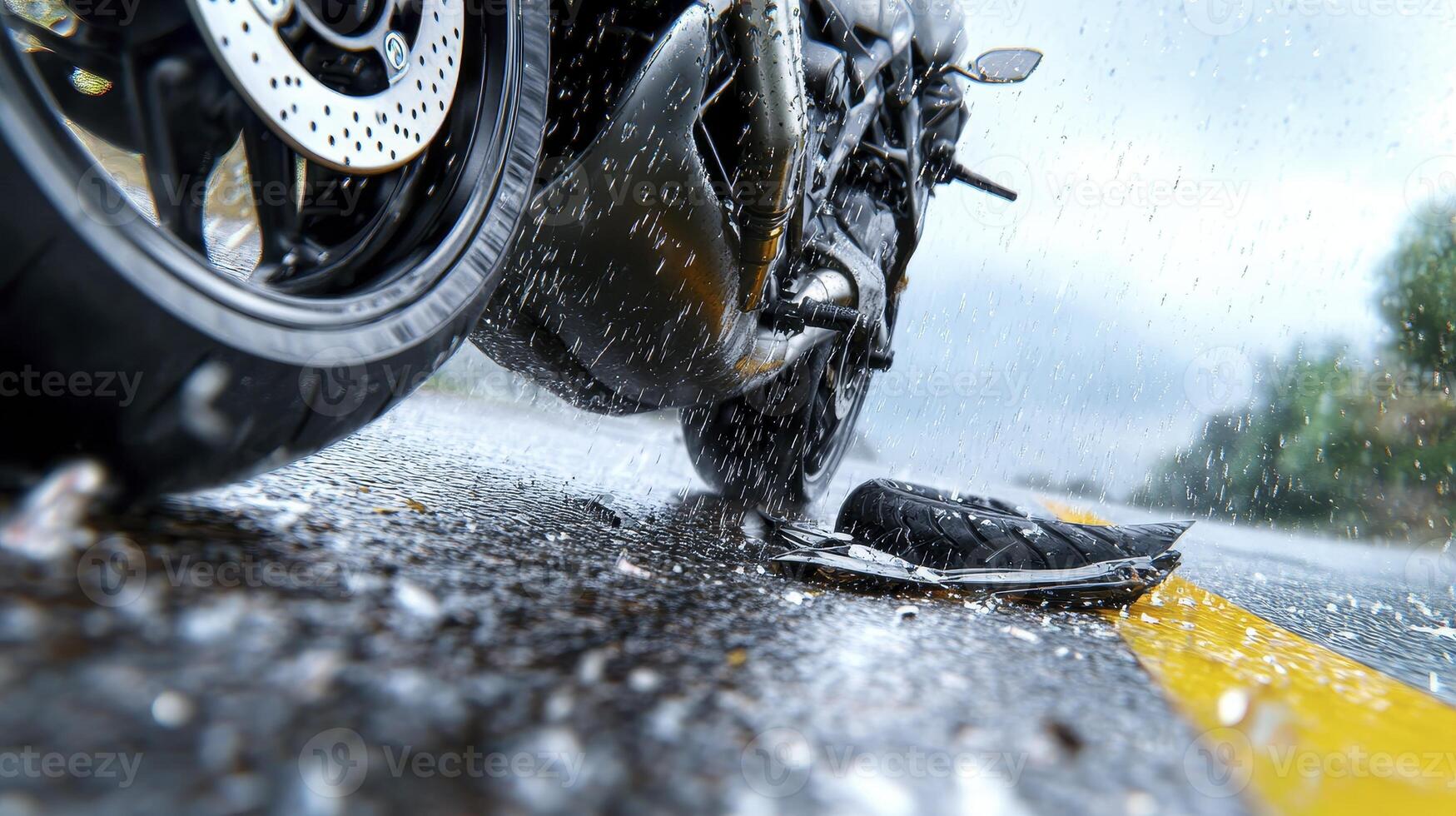 Experience the thrill of motorcycle riding in the rain, a captivating image showcasing the power and beauty of two-wheeled adventures Feel the refreshing rain as it splatters around the motorbike photo