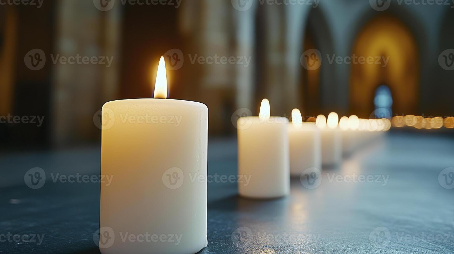 Experience the serene ambiance of softly glowing candles illuminating a historic church interior, casting gentle light and creating a peaceful atmosphere, perfect for meditation, reflection, or photo