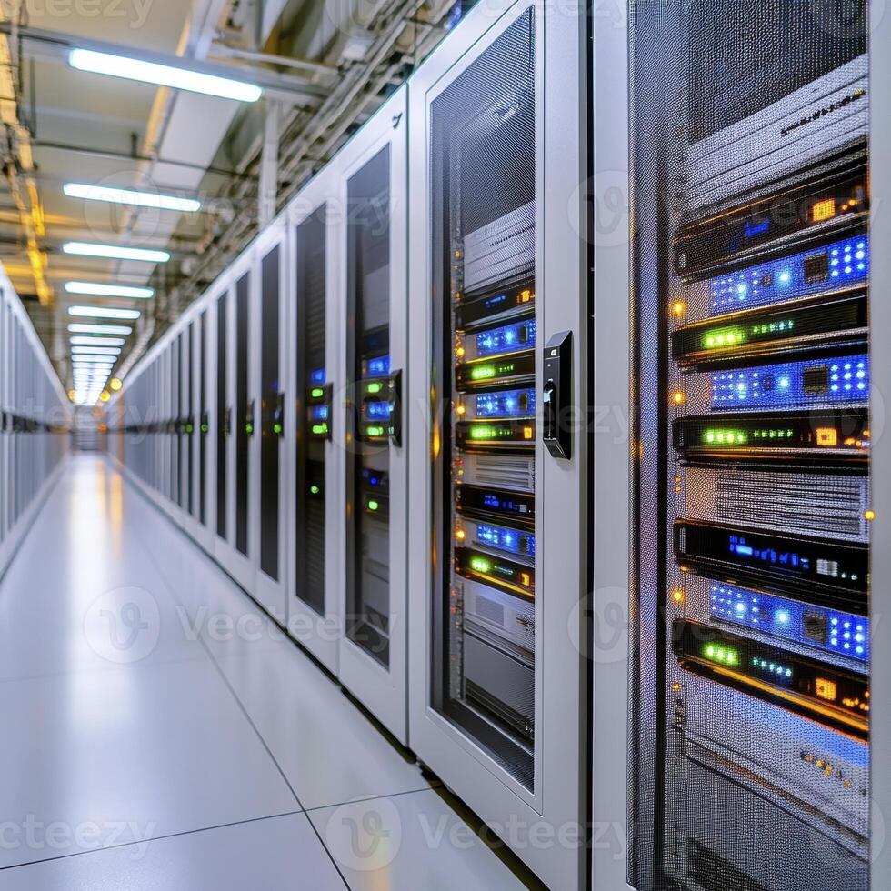 Explore a modern data center featuring rows of server racks illuminated by vibrant LED lights, showcasing advanced technology and efficient cooling systems Witness the hub of cloud computing photo