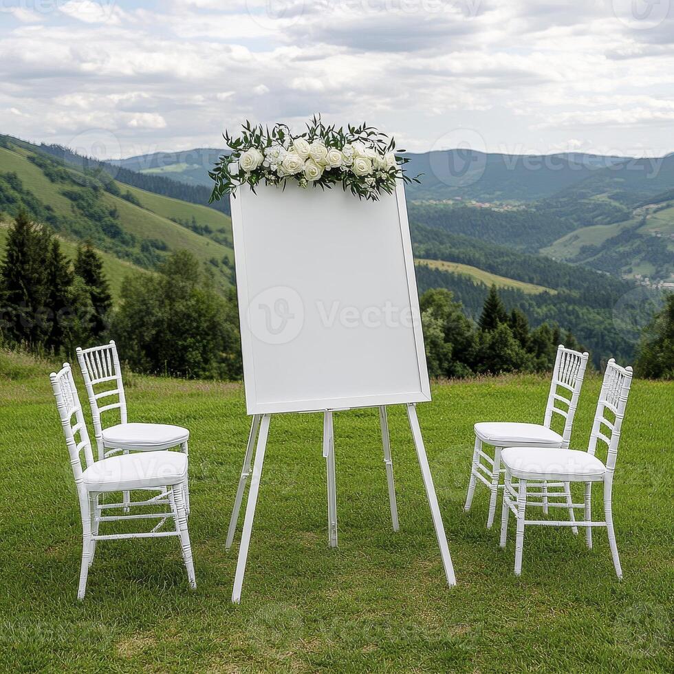 Enchanting Outdoor Wedding Ceremony Capture the breathtaking beauty of a hillside wedding with a pristine white easel adorned with delicate white roses and lush greenery, surrounded by elegant white photo