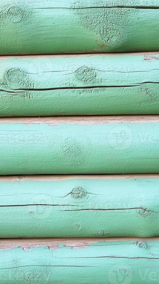 Explore the captivating charm of this close-up photograph, revealing a meticulously crafted wooden log wall painted in a serene shade of green, offering a refreshing glimpse into rustic architecture photo