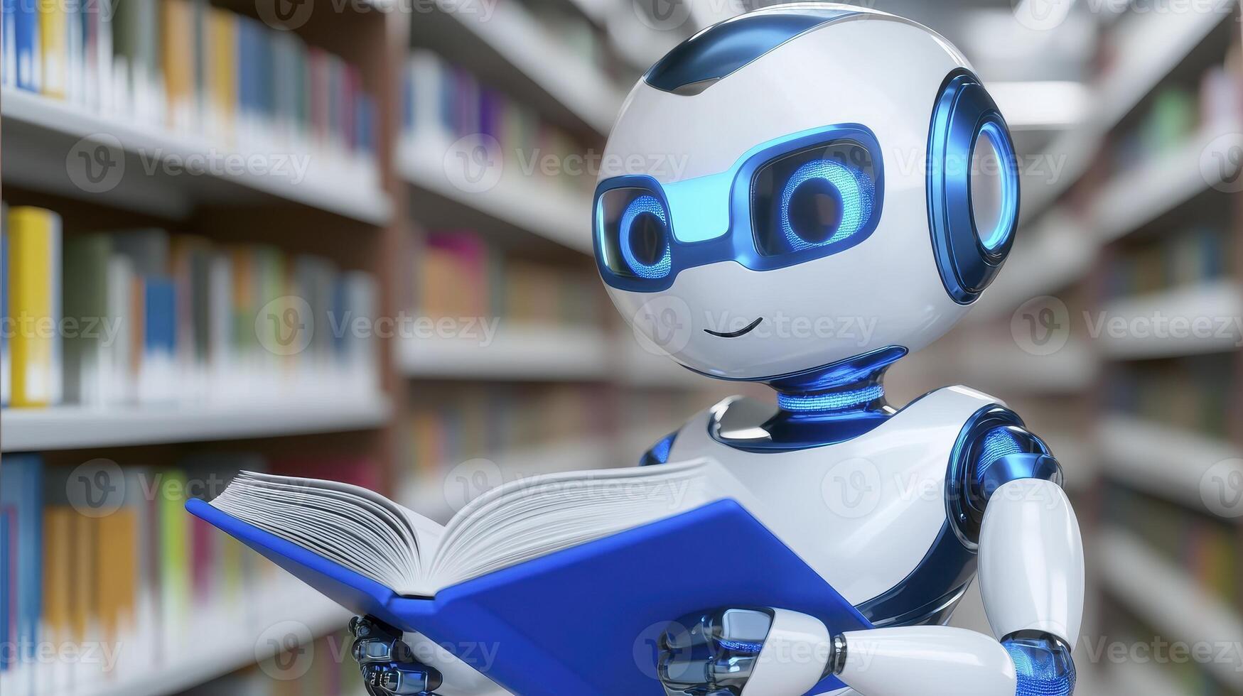 Explore the captivating world of technology and knowledge with this charming image showcasing a friendly robot engrossed in reading a book amidst the towering shelves of a library, symbolizing the photo