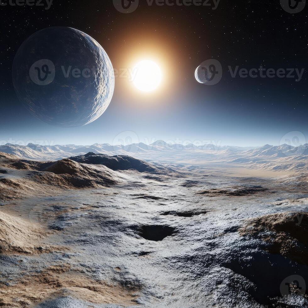 Explore the celestial wonders of a distant planet with this stunning image, capturing the ethereal beauty of alien landscapes under the glow of a binary star system Witness the stark contrast between photo