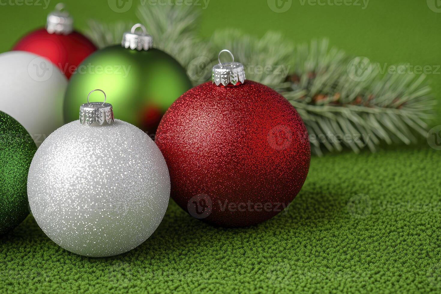 Explore Festive Christmas Ornaments A Colorful Display of Holiday Decorations, Including Red, Green, and Silver Baubles with a Textured Sparkle on a Vibrant Green Background, Perfect for Seasonal photo