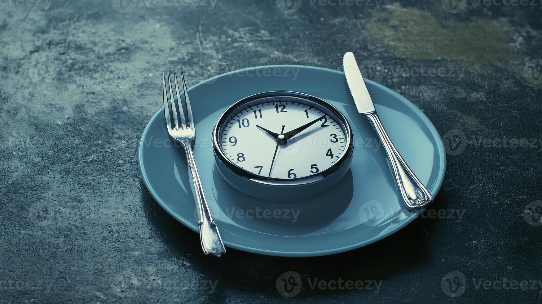 Explore the Concept of Time and Food A Still Life Depicting a Clock Placed on a Plate with Utensils, Symbolizing the Importance of Scheduled Meal Times and Mindful Eating Habits Reflect on the photo