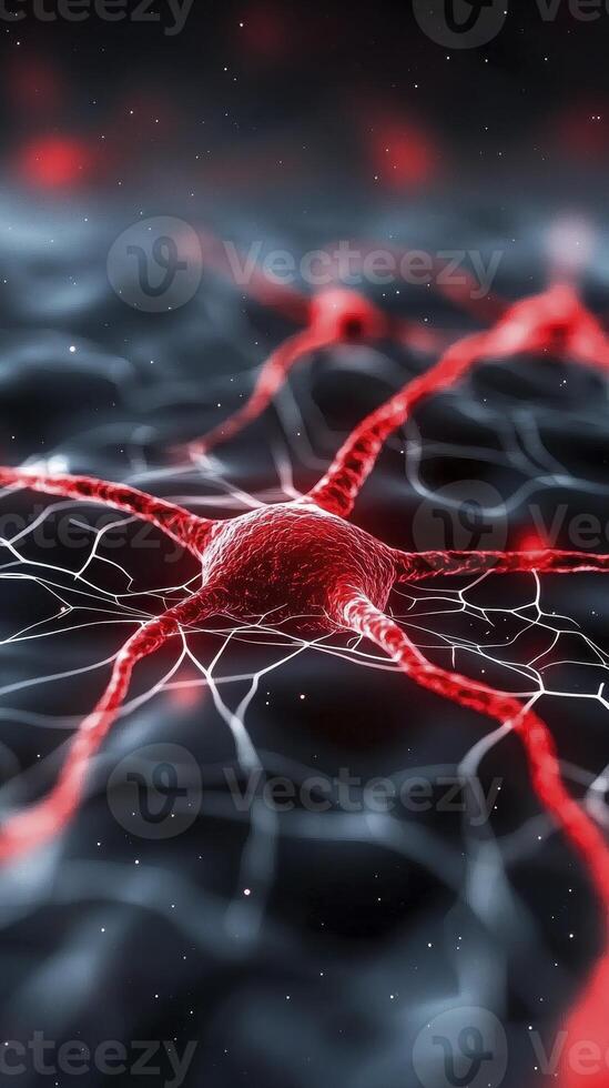 Explore the intricate beauty of a neuron, rendered in stunning 3D detail, showcasing the complex network and vital role in neural communication Delve into the microscopic world of cells and synapses photo