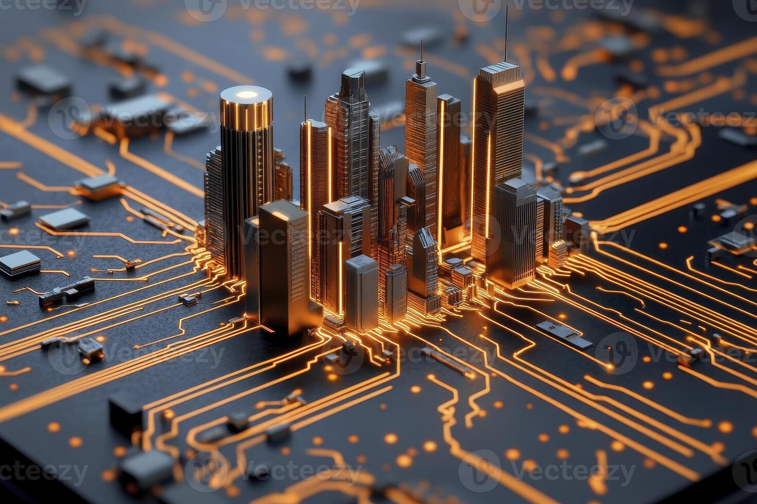 Explore the intricate beauty of a digital city, a miniature metropolis nestled upon a circuit board, illuminated by glowing pathways of technology Discover the fusion of urban architecture and photo
