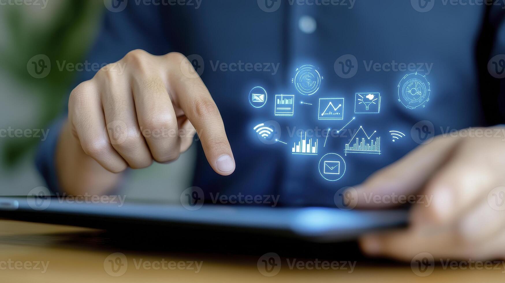 Explore the Future of Digital Connectivity A Close-Up on a Person Engaging with a Tablet, Navigating a World of Data, Charts, Graphs, and Icons Discover the Power of Visualized Information and photo