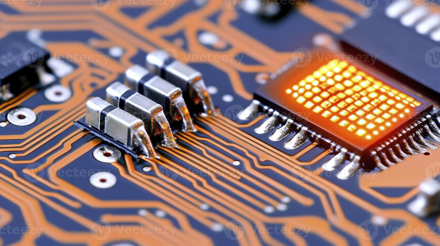 Explore the intricate beauty of this advanced computer circuit board, showcasing its sophisticated design and cutting-edge technology This close-up shot highlights the delicate components and complex photo