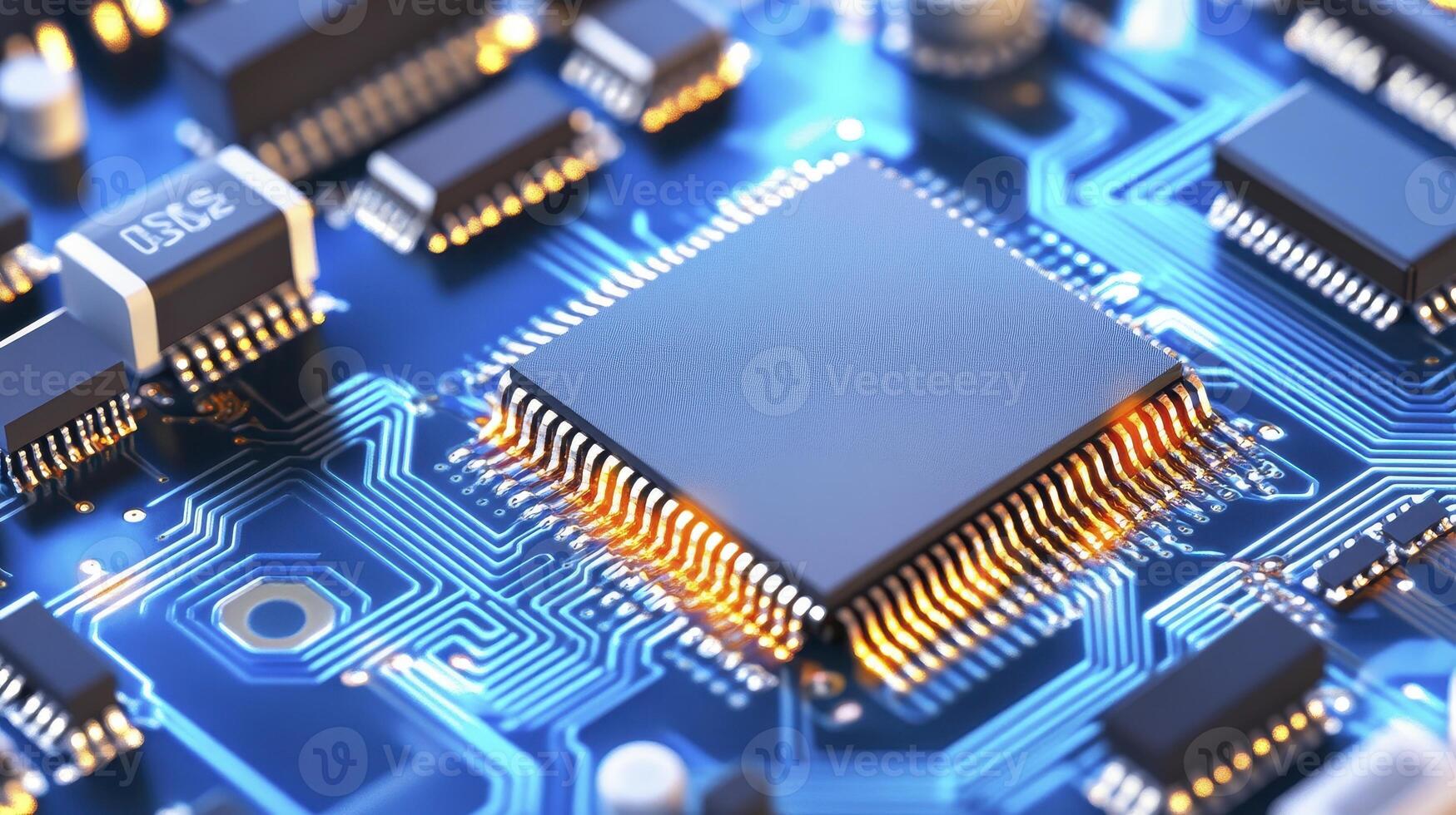 Explore the intricate world of microchips and circuit boards discover the cutting-edge technology behind modern electronics, featuring a close-up view of a central processing unit CPU and integrated photo