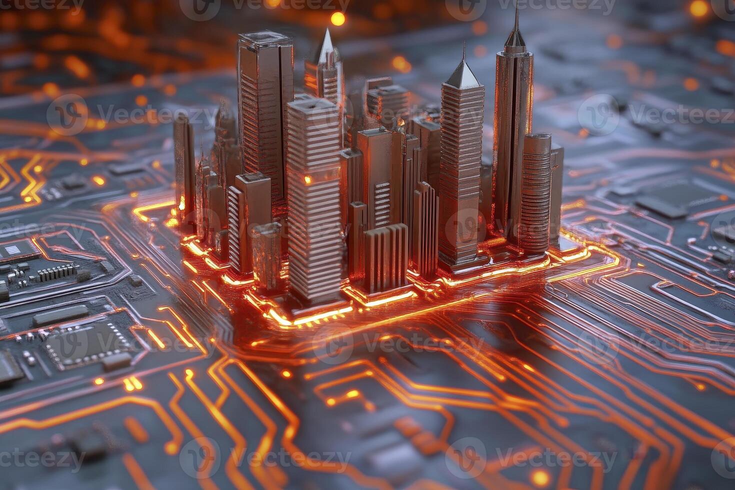 Explore the futuristic fusion of urban landscapes and technological advancements with this captivating image, showcasing a miniature city nestled on a complex circuit board Witness the convergence of photo