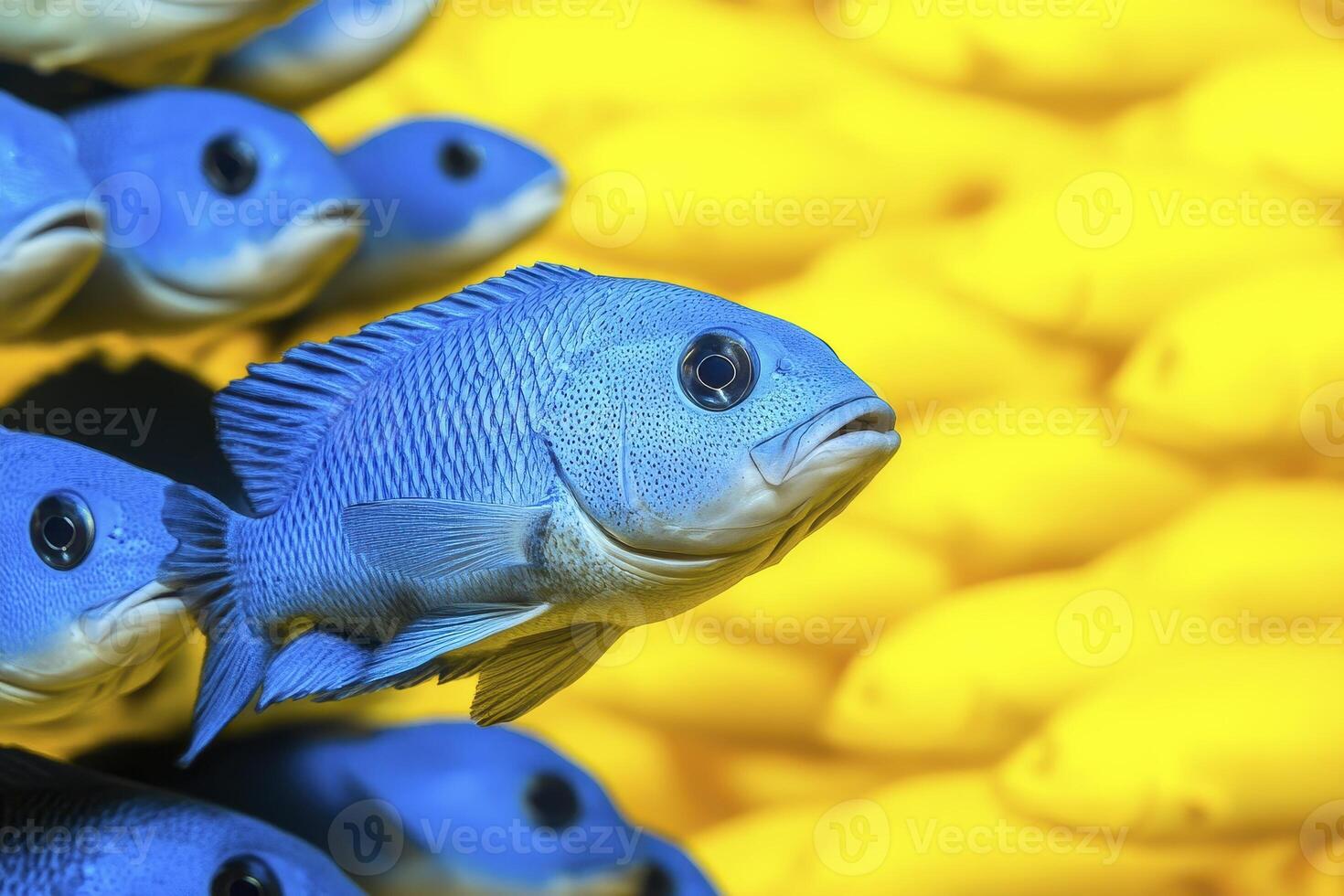 Explore the mesmerizing contrast a school of vibrant blue fish swimming against a backdrop of bright, sunny yellow, symbolizing uniqueness and diversity in the aquatic world captured in a stunning photo