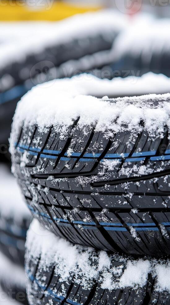 Explore the winter's grip on automotive safety with a close-up view of snow-covered tires, highlighting the challenges of driving in icy conditions Discover the importance of tire traction and tread photo
