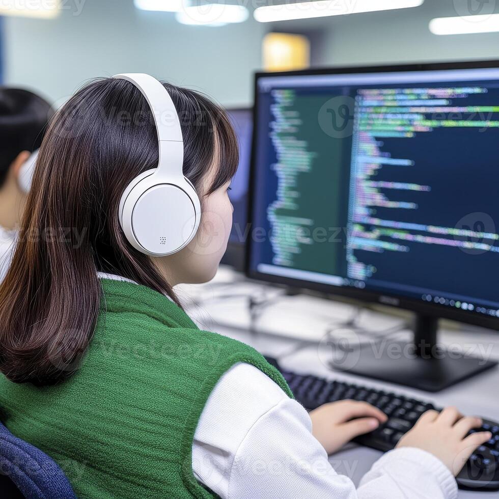 Focused Female Software Developer Coding at Computer with Headphones, immersed in programming, debugging lines of code on screen, showcasing modern tech workspace and concentration Young Asian photo