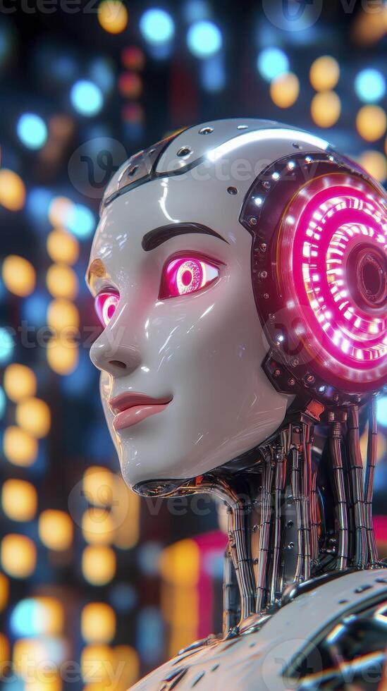 Futuristic Android Portrait with Glowing Eyes and Neon Accents, A Captivating Digital Art Piece Showcasing Advanced Robotics and AI, High-Resolution Image Perfect for Technology Enthusiasts and photo