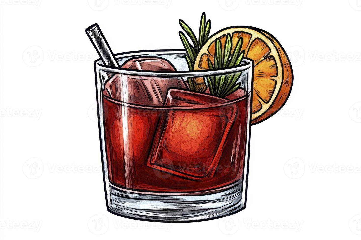 Indulge in the captivating allure of a meticulously crafted Negroni cocktail illustration, showcasing vibrant colors and intricate details This stunning artwork features a perfectly balanced photo