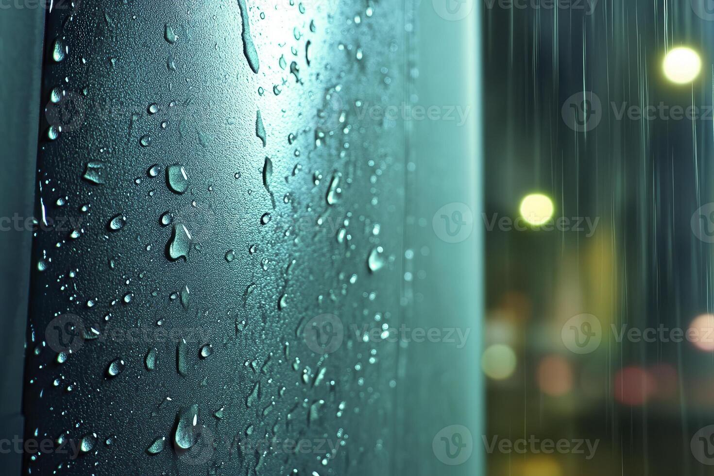 Immerse yourself in the serene beauty of a rainy night with this captivating image, capturing the essence of urban tranquility, droplets clinging to a sleek metal pole, reflecting the soft glow of photo