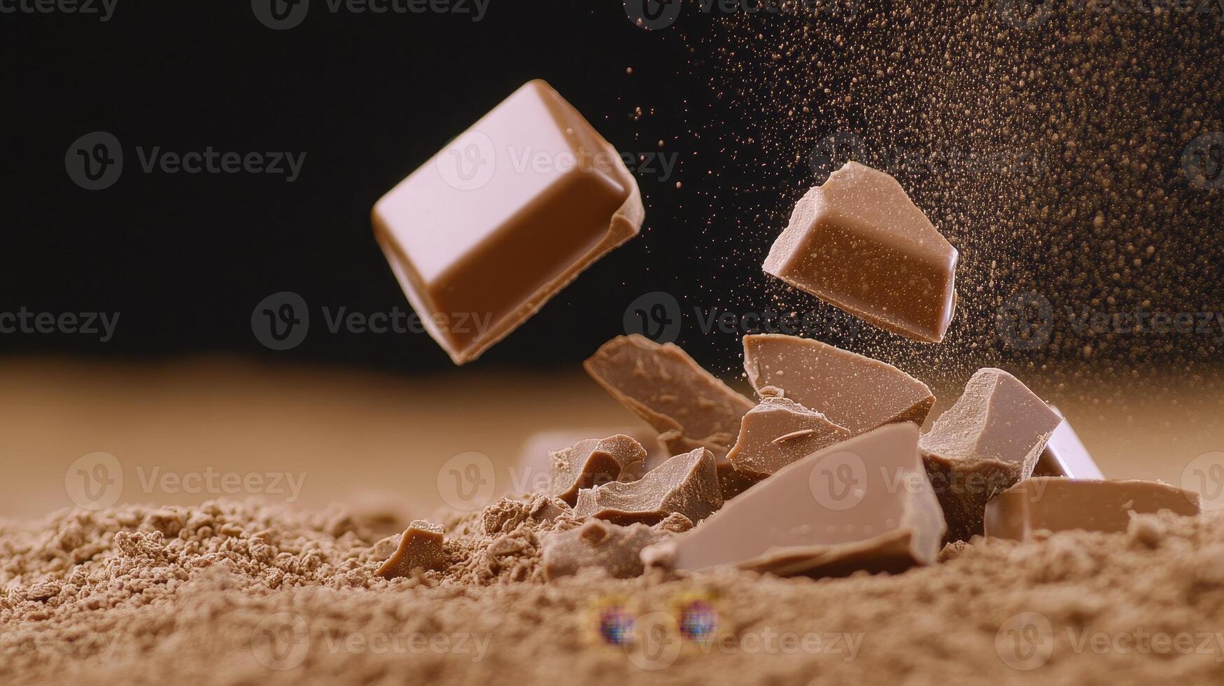 Indulge your senses with this captivating close-up of rich, decadent chocolate pieces in mid-air, surrounded by a cloud of cocoa powder Perfect for culinary blogs, dessert advertisements, or anyone photo