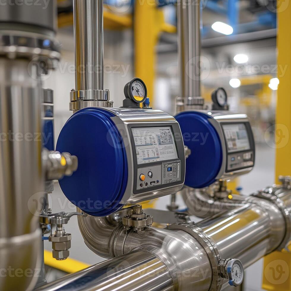 Industrial Automation Precision A Close-Up View of Flow Meters in a Modern Manufacturing Facility, Showcasing Advanced Technology and Process Control Capture the Intricate Details of the Stainless photo