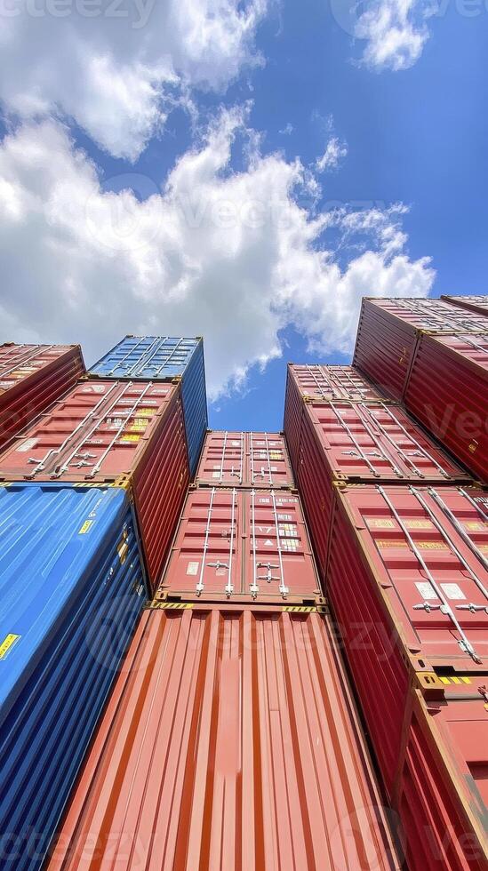 Looking up at a towering stack of vibrant, colorful shipping containers reaching towards a clear blue sky filled with fluffy white clouds, showcasing industrial efficiency and global trade photo
