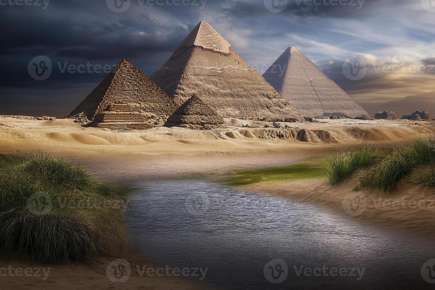 Majestic Pyramids of Giza at Sunset An Egyptian Adventure Through Ancient History and Architecture, Exploring the Wonders of the World Behold the Beauty of the Desert Landscape, Golden Sands, and the photo