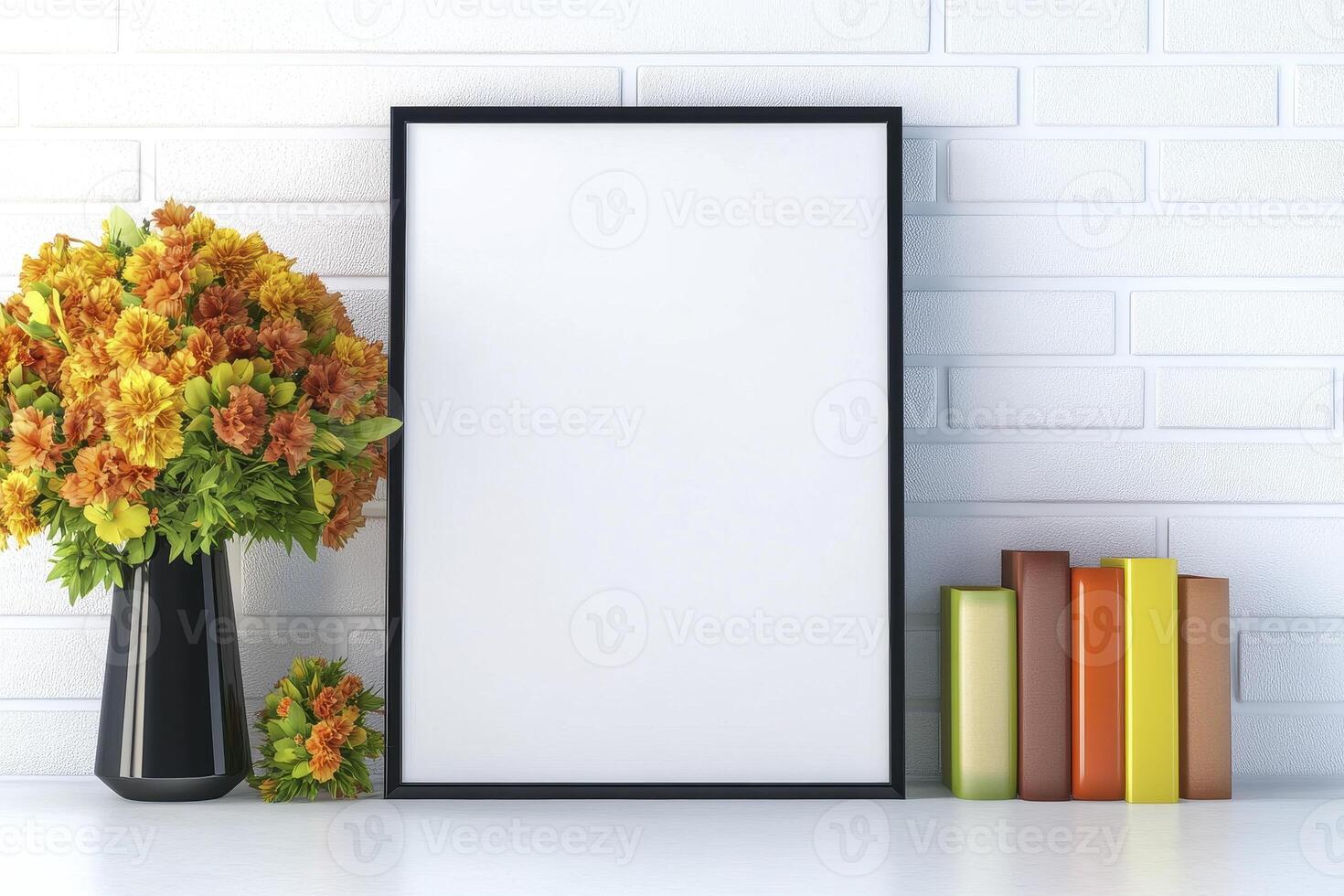 Modern Interior Design Mockup with Blank Frame, Flowers, and Books Visualize your art, posters, or photos within a stylish home setting Perfect for showcasing designs, promoting artistic creations