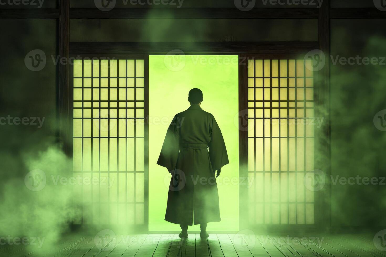 Mysterious Encounter Witness a solitary figure standing before a glowing green doorway, shrouded in an ethereal mist The figure, cloaked in traditional attire, evokes feelings of anticipation and photo