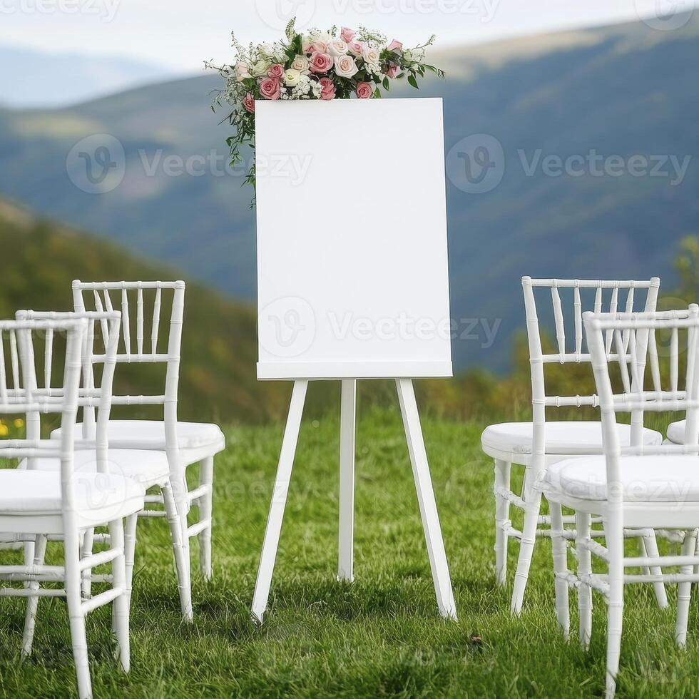 Outdoor Wedding Ceremony with Blank Canvas on Easel A picturesque scene of a wedding set against a stunning mountain backdrop, featuring a blank canvas on a white easel adorned with delicate pink and photo