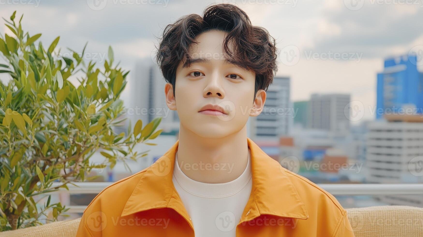 Portrait of a Young Man with Curly Hair in an Urban Setting, Featuring Rooftop View and Cityscape Backdrop This photo captures the youthful energy and confident gaze of the subject, blending elements