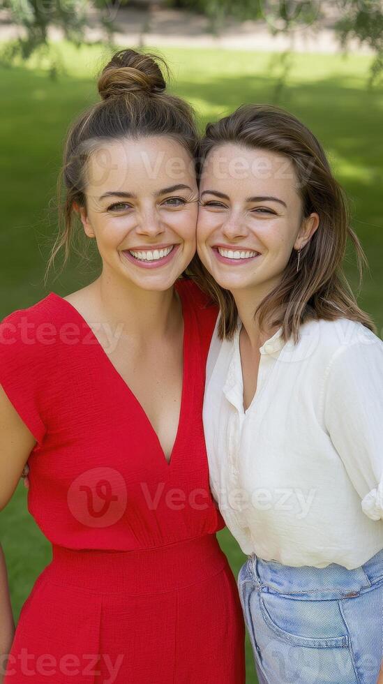 Radiant Smiles and Sisterly Bond Two Beautiful Young Women Embrace Friendship in a Sunlit Park, Capturing the Essence of Joy and Happiness Their Matching Features and Warm Expressions Highlight the photo