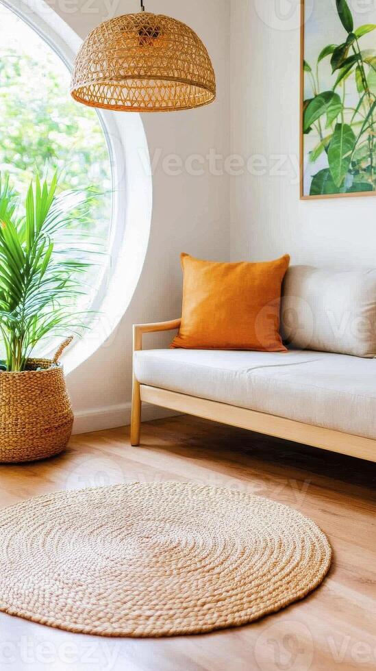 Serene Interior Design A Harmonious Blend of Natural Light, Warm Tones, and Organic Textures, Featuring a Cozy Sofa, Circular Rug, Woven Pendant Light, and Lush Green Plant, Creating an Inviting and photo