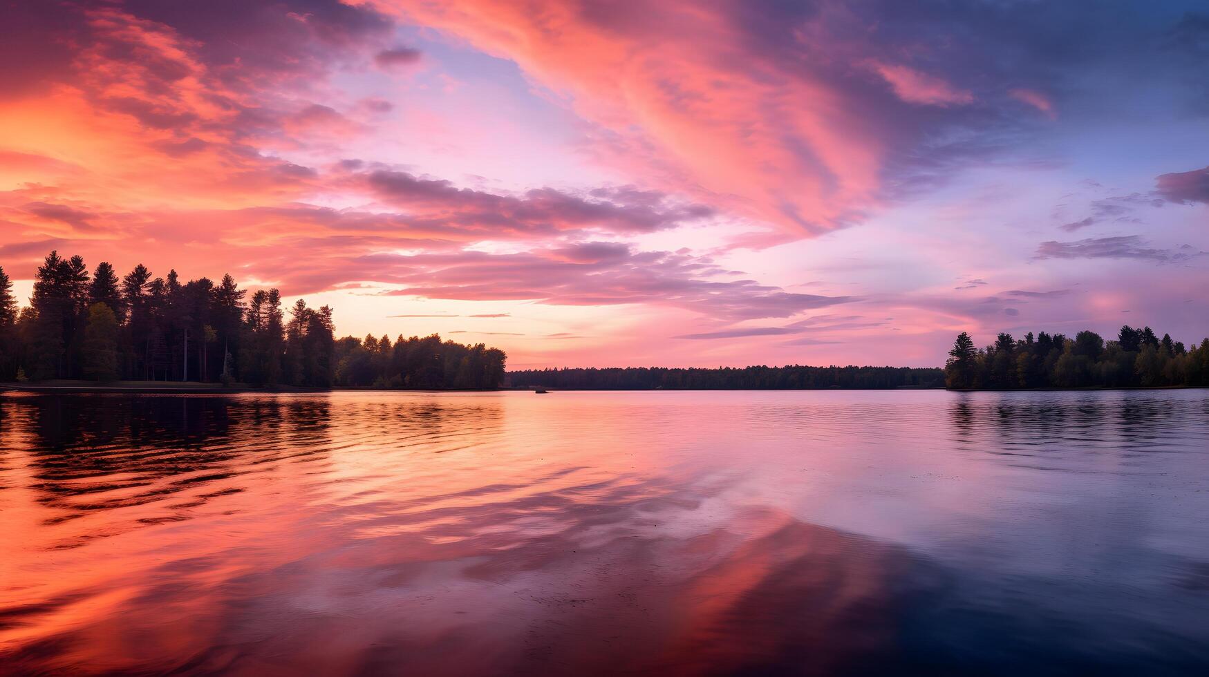 Stunning sunset reflection over calm lake serene nature scene outdoor photography tranquil environment wide angle view aesthetic beauty photo
