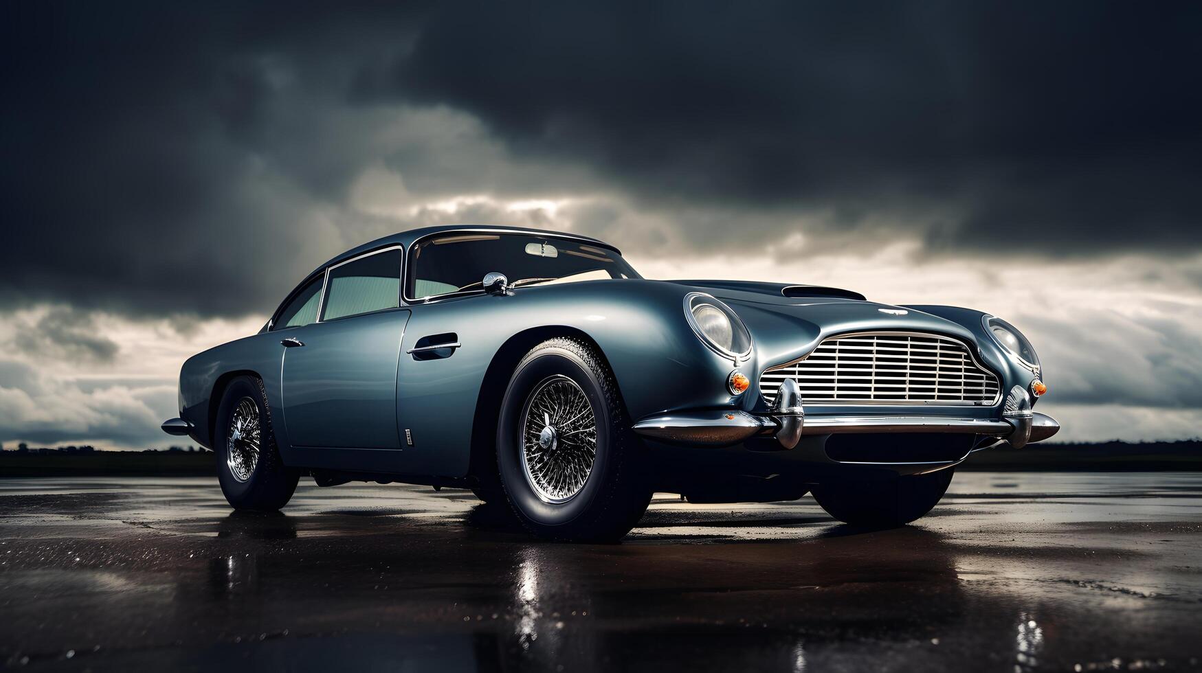 Vintage aston martin in dramatic skies outdoor setting automotive photography capturing timeless elegance photo