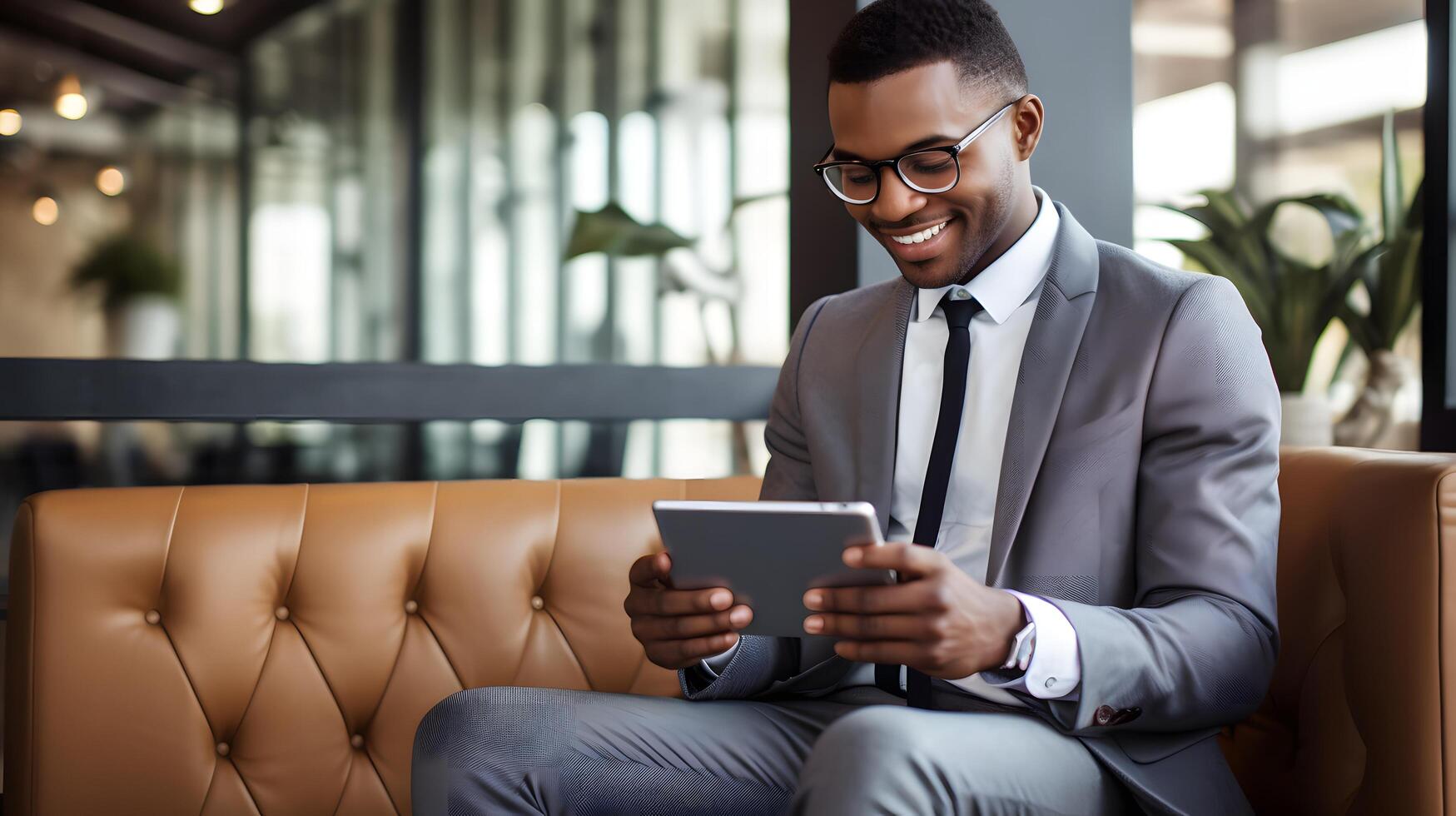 Young tech entrepreneur demonstrating innovative app in modern office setting for business growth photo