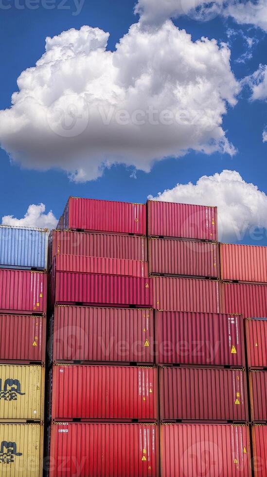 Stacked Shipping Containers A Colorful Display of Global Trade and Logistics, showcasing red, pink, blue, and yellow containers against a vibrant blue sky dotted with fluffy white clouds photo