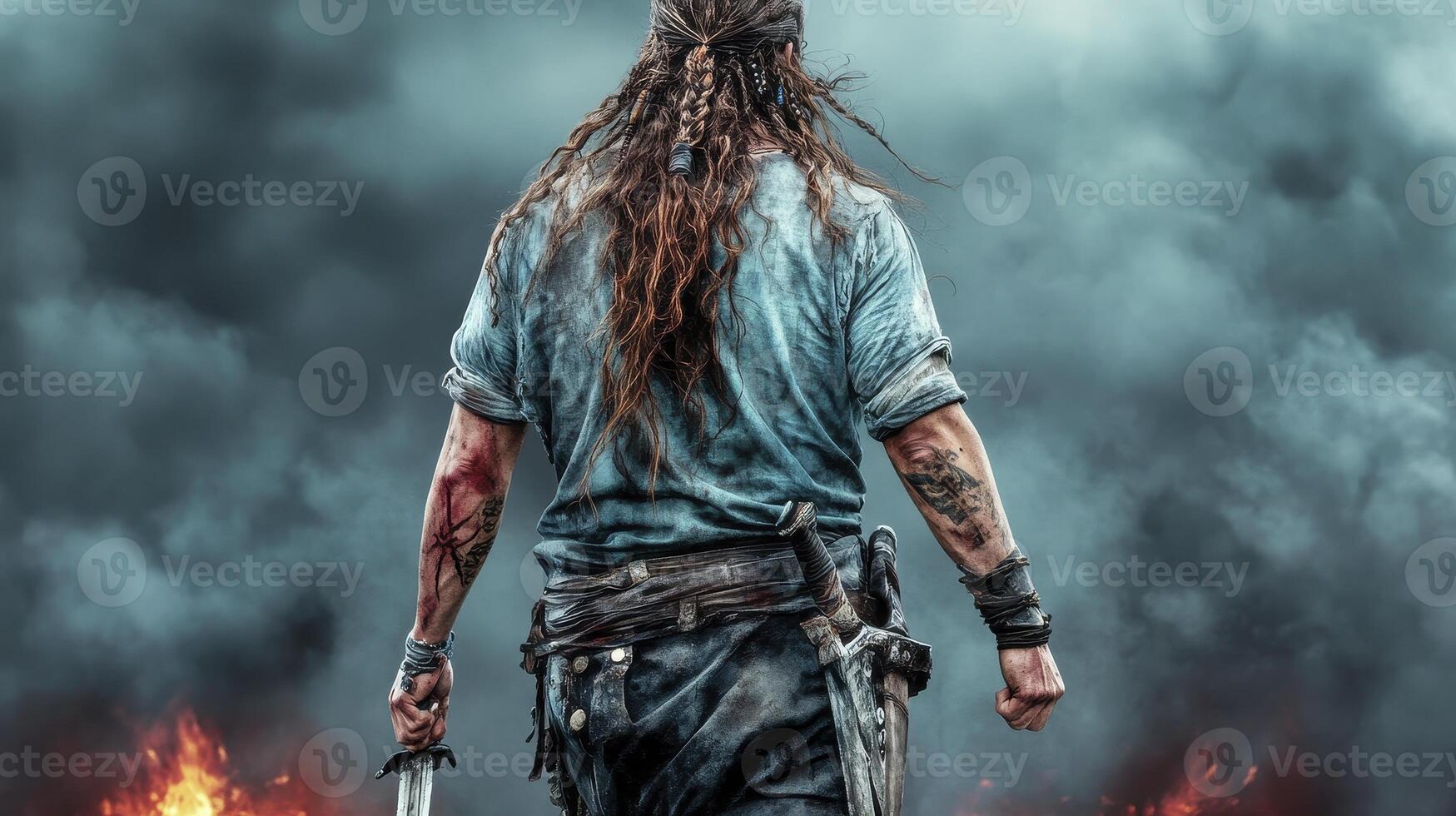 Unleash the Fury A Captivating Image of a Viking Warrior Prepared for Battle, Standing Resolute Amidst the Flames, his Steadfast Determination Etched Upon his Face, Ready to Face his Enemies with photo