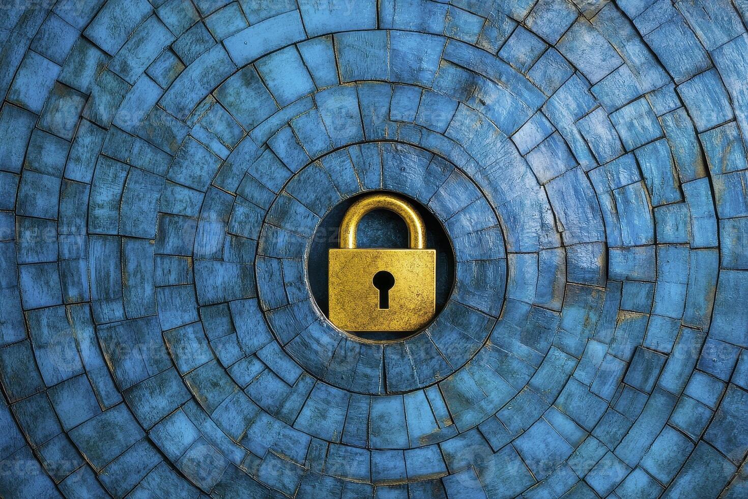 Unlock the Secrets Exploring Themes of Security, Protection, and Access in a Stunning Blue-Toned Visual Narrative, Showcasing a Golden Padlock Centered within an Intricate Circular Mosaic Pattern photo