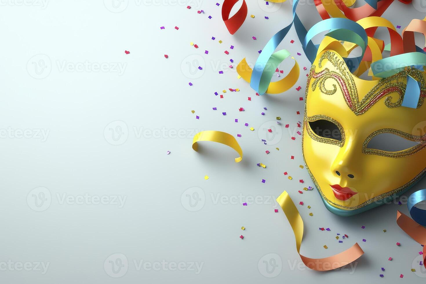 Vibrant Carnival Celebration Explore the festive spirit with this captivating image showcasing a dazzling yellow mask adorned with colorful streamers and confetti, perfect for conveying themes of photo