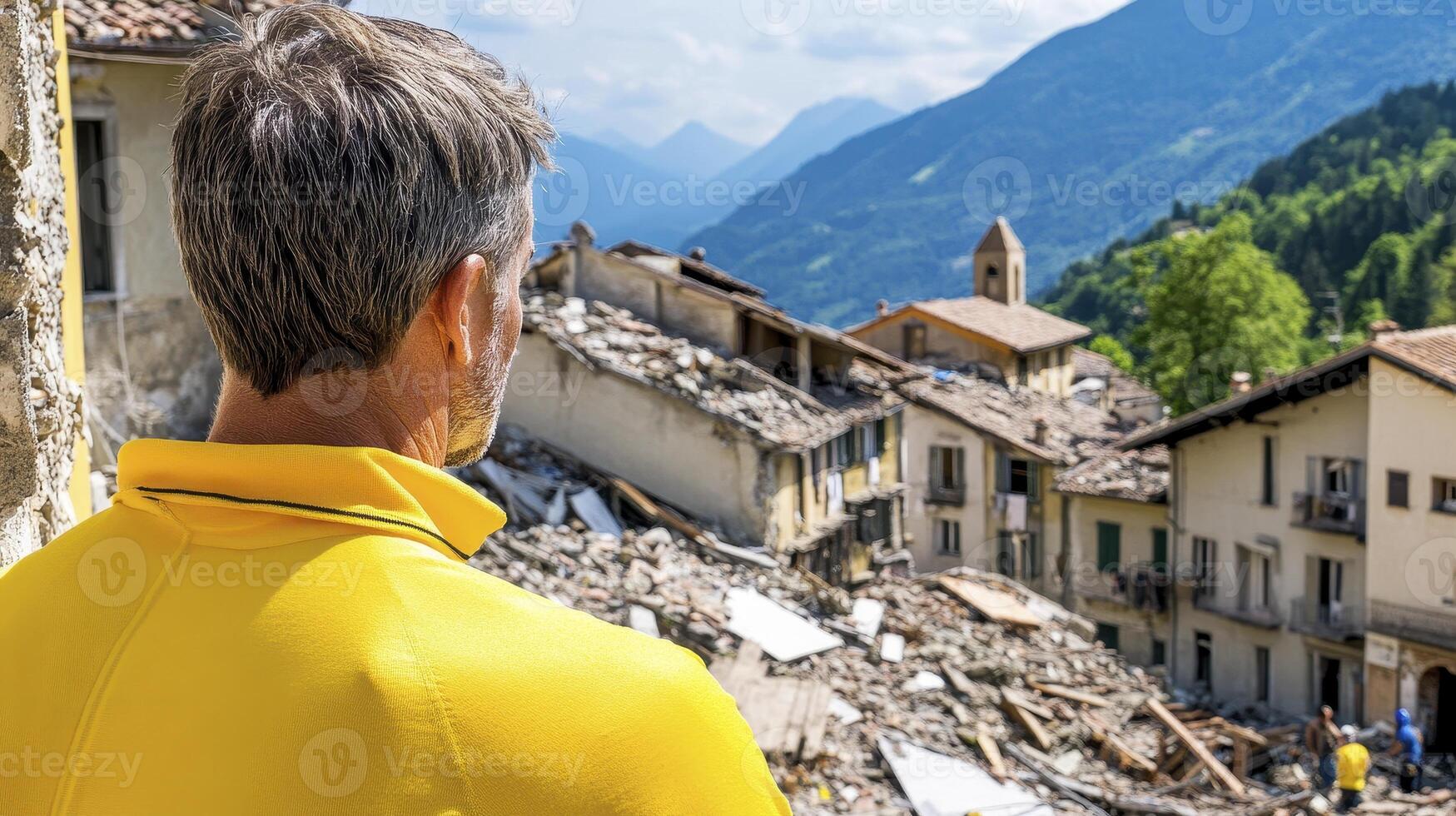 Witnessing Devastation A Man's Perspective on Earthquake Aftermath in a Mountain Village Analyzing the ruins of homes and structures, the community in shock Assessing the physical and emotional photo