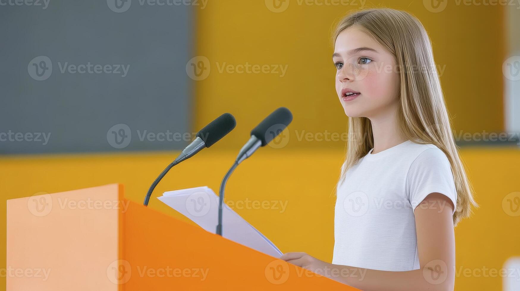 Young Girl Giving Speech at Podium, an Inspiring Moment of Youthful Oratory, Showcasing Confidence and Public Speaking Skills Observe a Bright, Cheerful Presentation Setting with Warm Lighting and photo