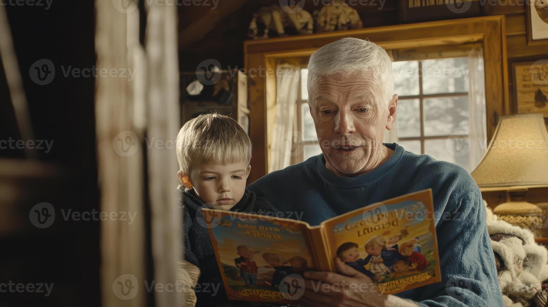 A Heartwarming Moment Grandfather and Grandson Sharing a Storybook Adventure in a Cozy Cabin, Creating Cherished Memories Reading tales of imagination, building a bond of love and wisdom This photo