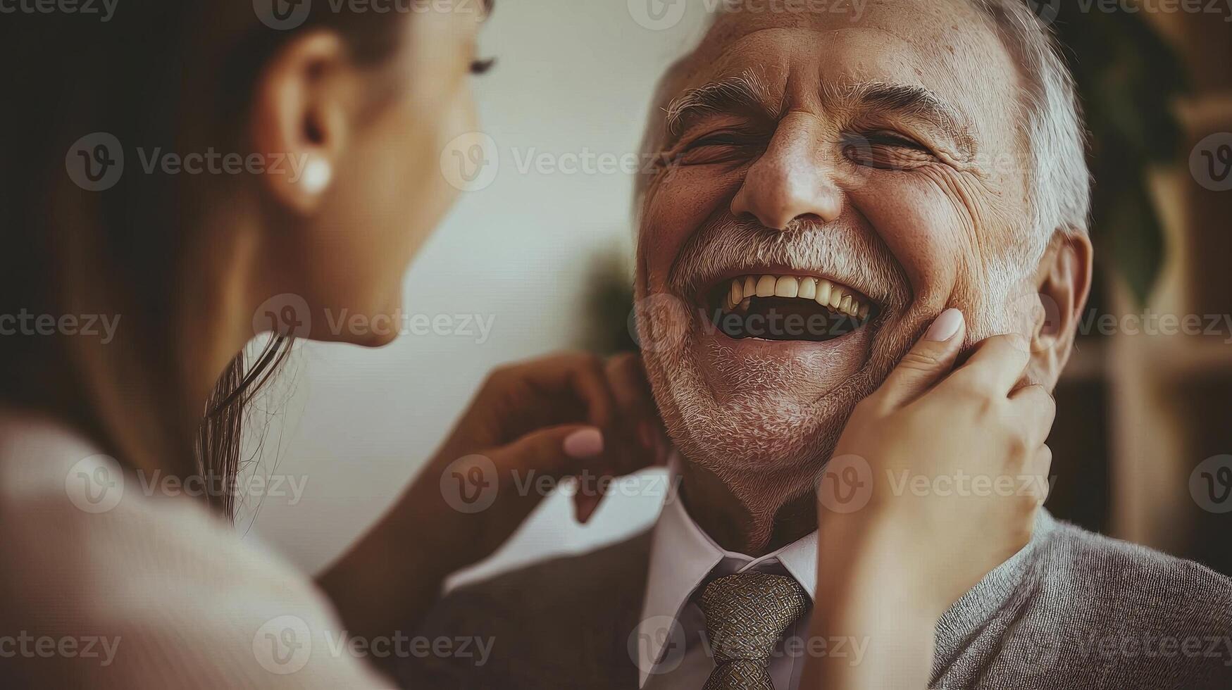Capture the heartwarming connection between generations with this image showcasing a young woman lovingly touching the face of her smiling grandfather, radiating joy and affection Perfect for photo