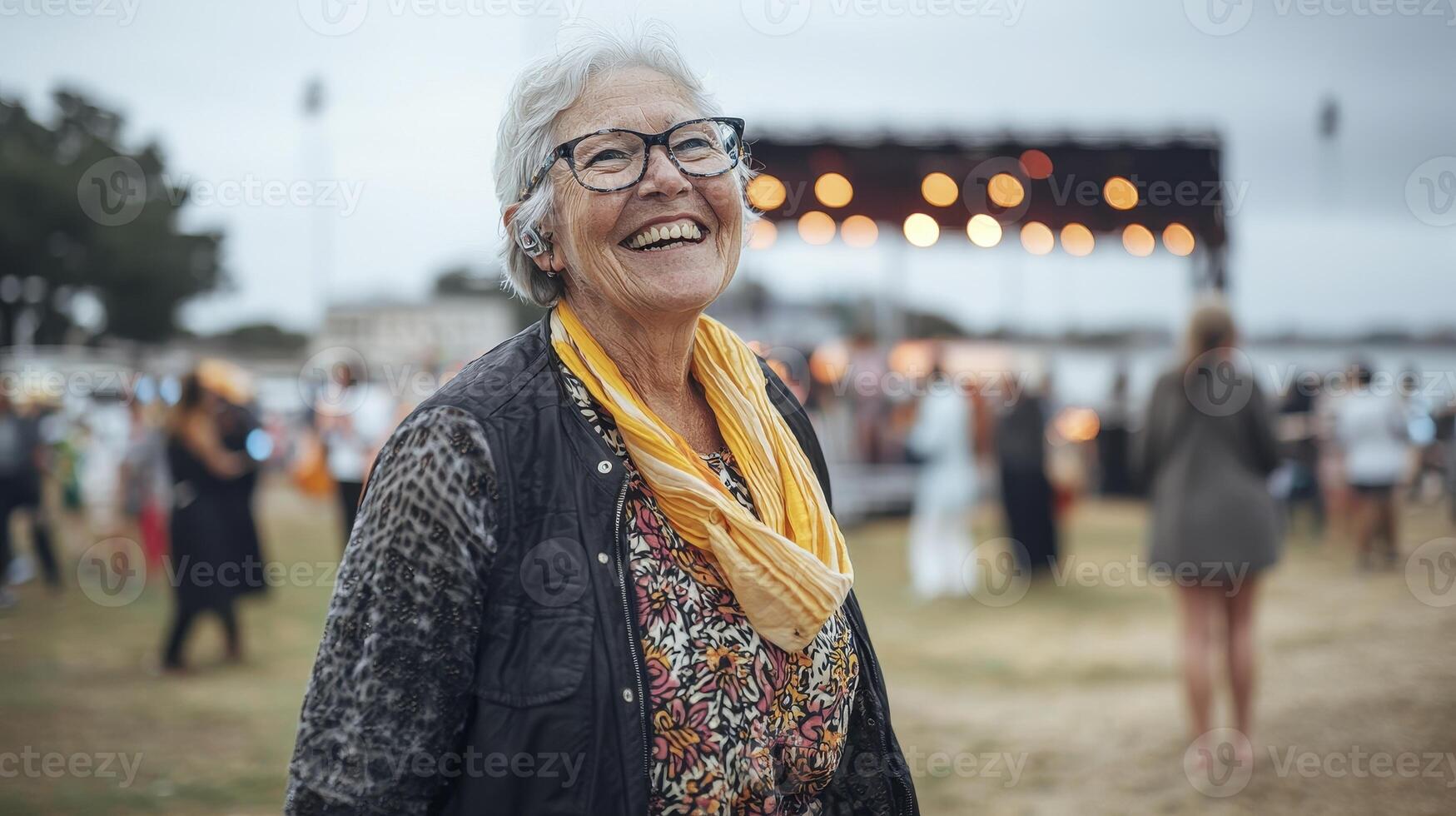 Capture the Joy A Smiling Senior Woman Embracing the Festivities at an Outdoor Concert Event, radiating happiness amidst the bustling crowd and vibrant atmosphere, where the music and camaraderie photo