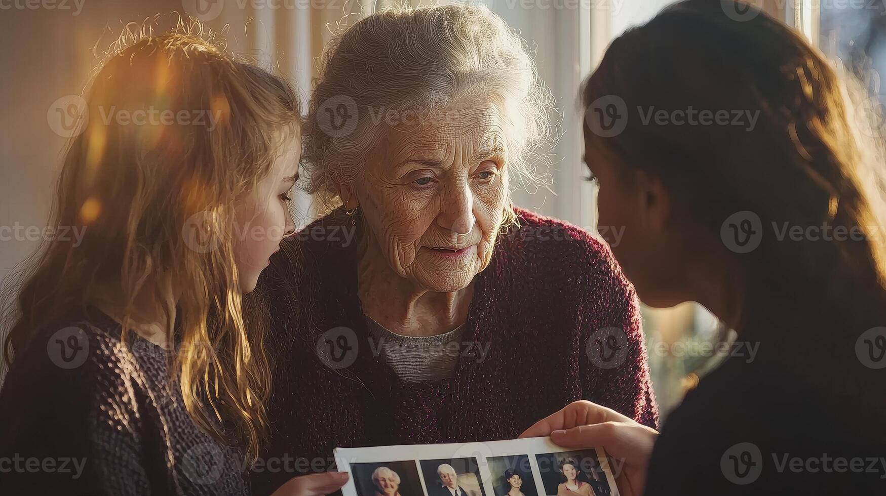 Capturing Generations A Heartwarming Image of Family Bonds, Love, and Connection Across Time Three women, a grandmother, a mother, and a daughter, come together to relive cherished memories through photo