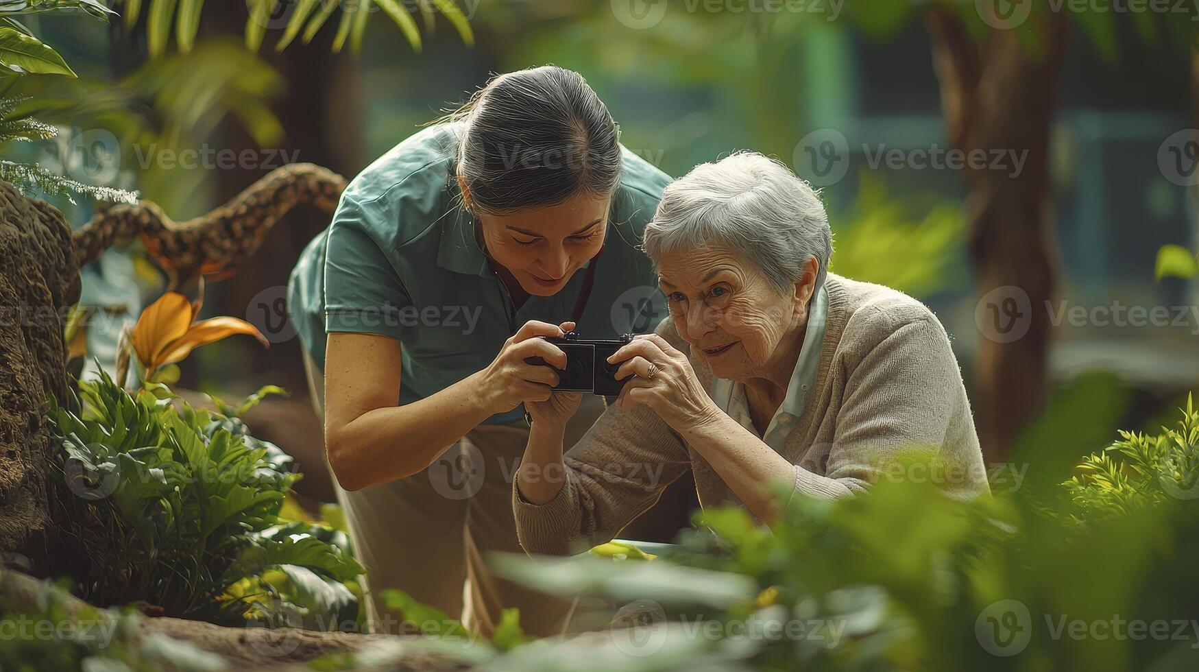 Capturing Precious Moments A Heartwarming Scene of Intergenerational Connection, Senior Woman and Younger Caregiver Sharing a Joyful Experience, Viewing Photos on a Smartphone Amidst Lush Greenery