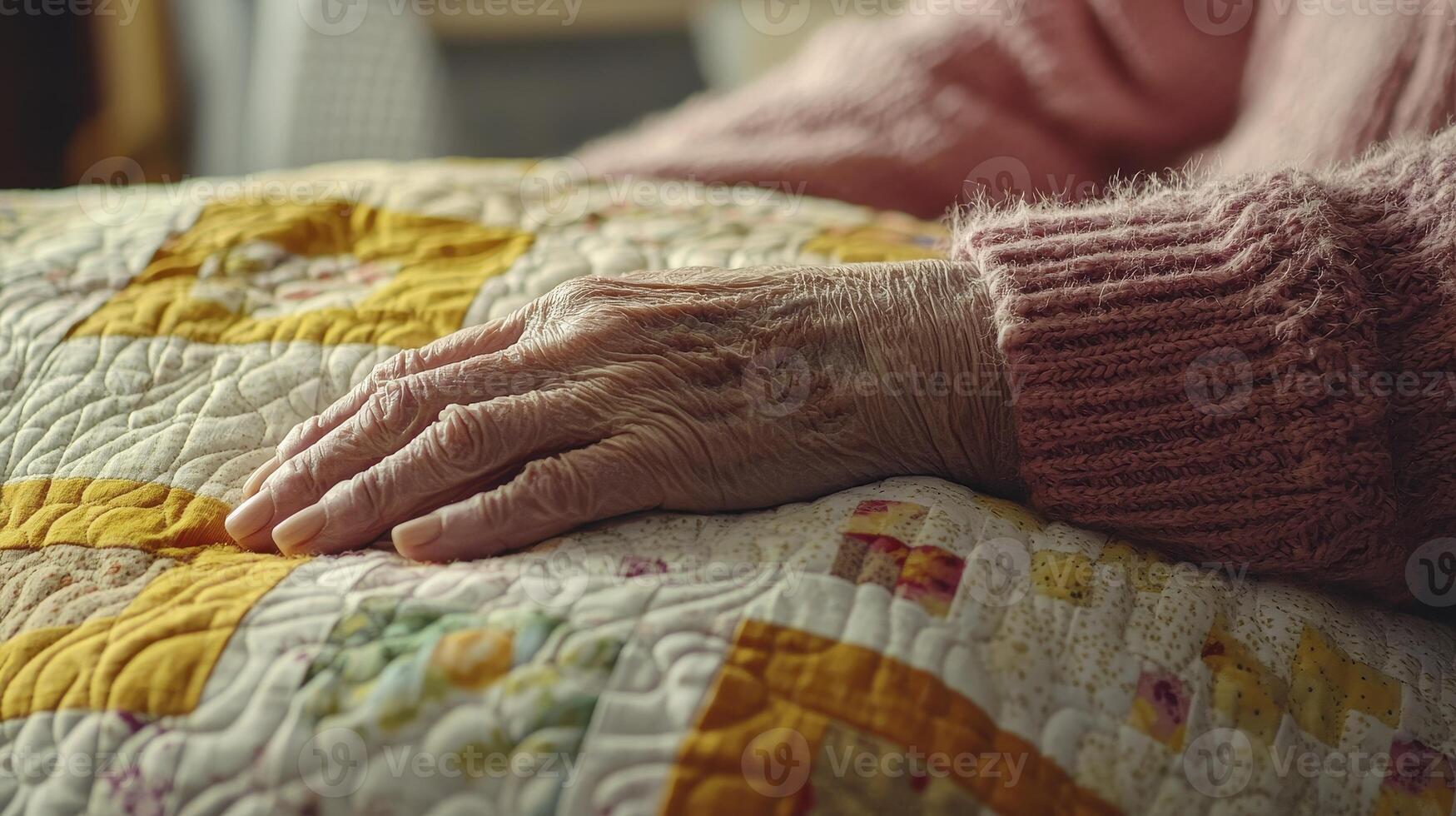 Close-up image showcasing the delicate, aged hand resting gently upon a vibrant, handmade quilt, symbolizing warmth, comfort, and the rich tapestry of life experiences This evocative image speaks of photo