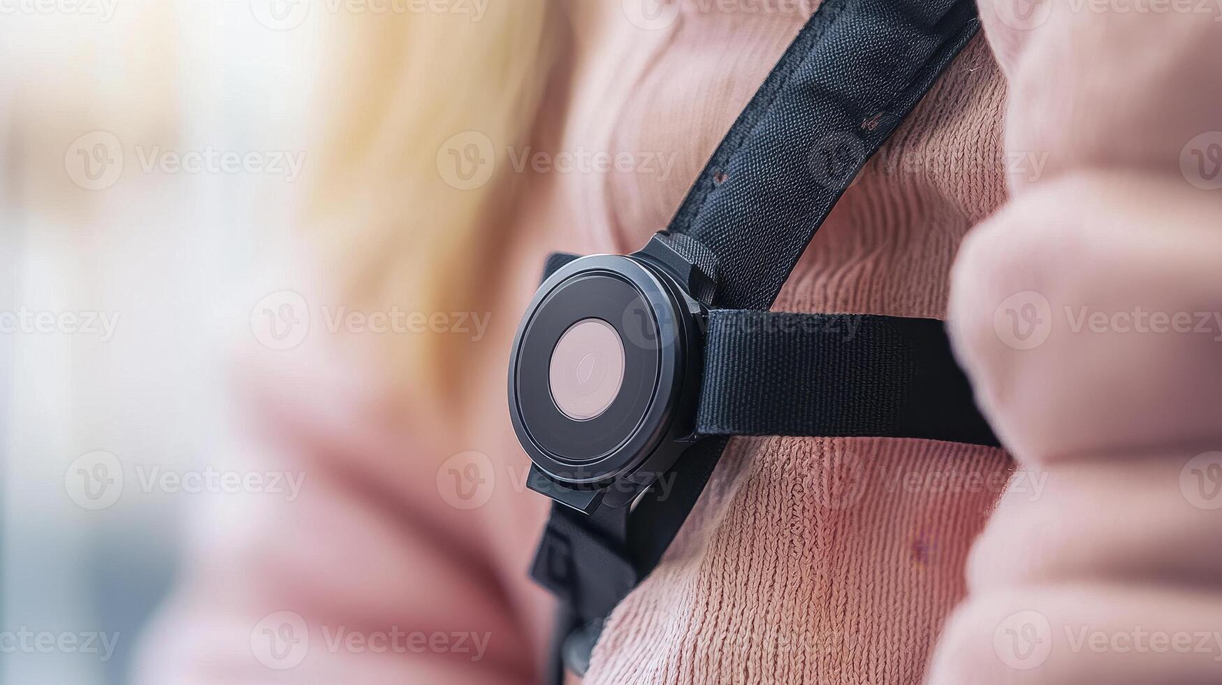 Close-up showcasing a wearable sensor, positioned centrally on the chest, secured by black elastic straps The sensor is circular with a contrasting center Focus emphasizes the technology's photo