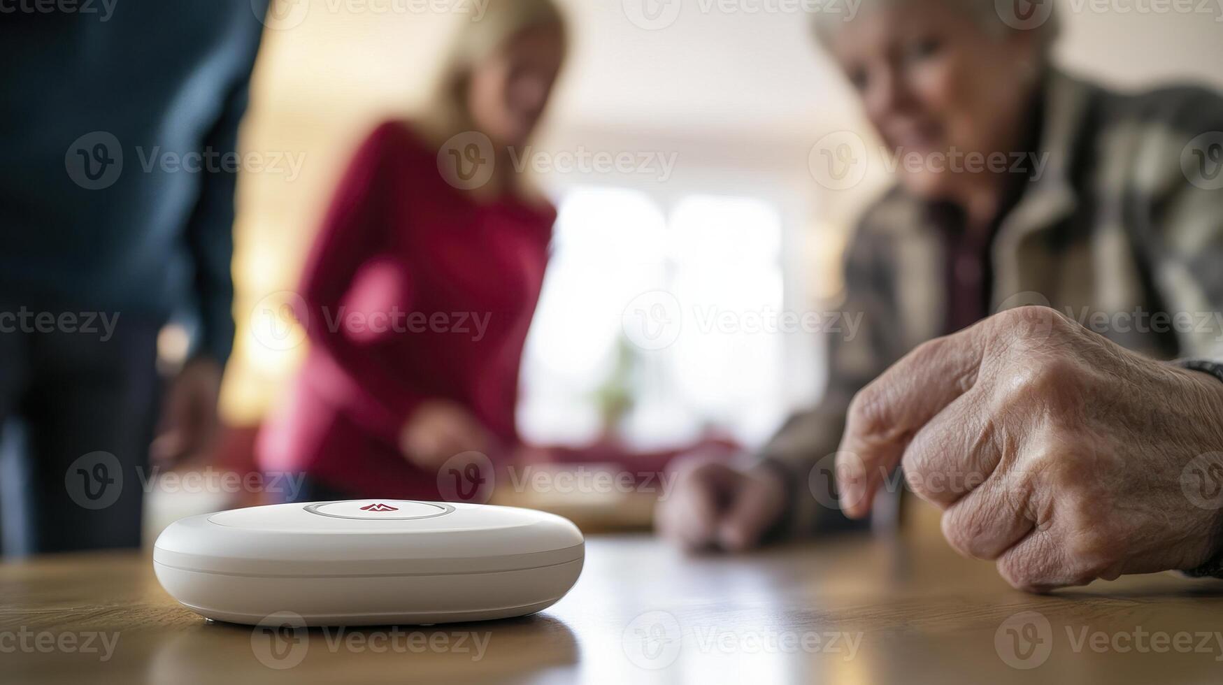 Concerned family gathers around a medical alert device, ensuring the safety and well-being of their elderly loved one at home, showcasing peace of mind through technology, featuring an emergency photo
